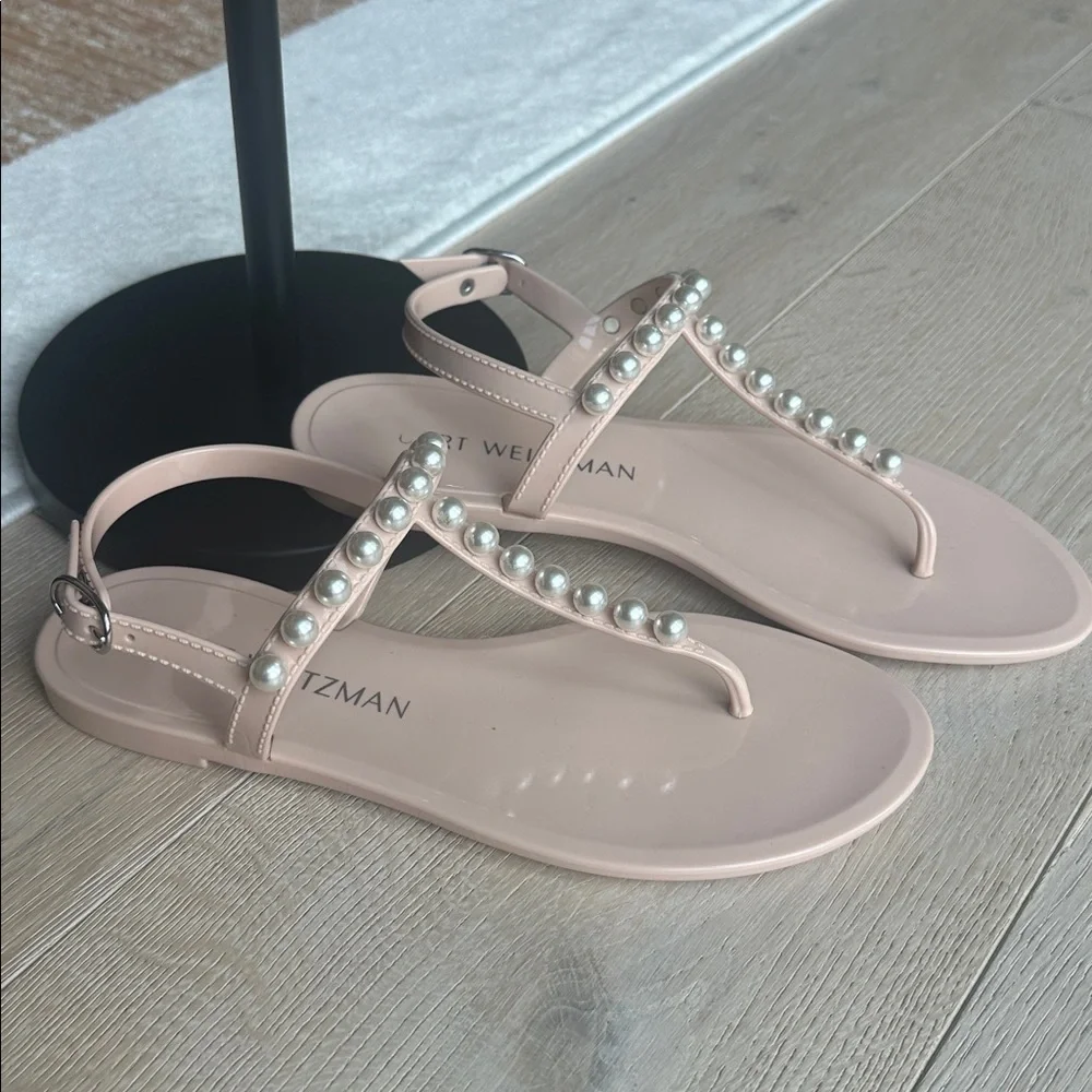 Stuart Weitzman Blush Pink Pearl T-Strap Sandals - Picture 2 of 3